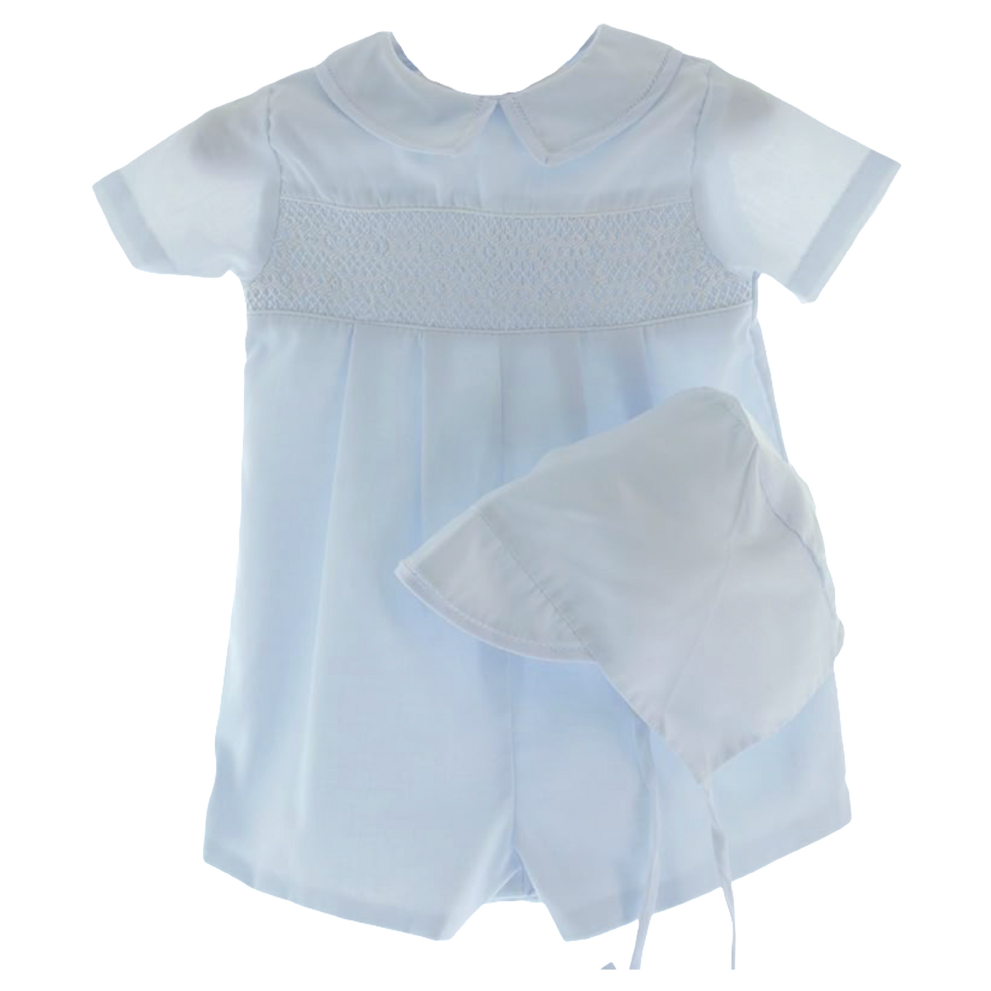 Smocked Romper + Hat - Blue