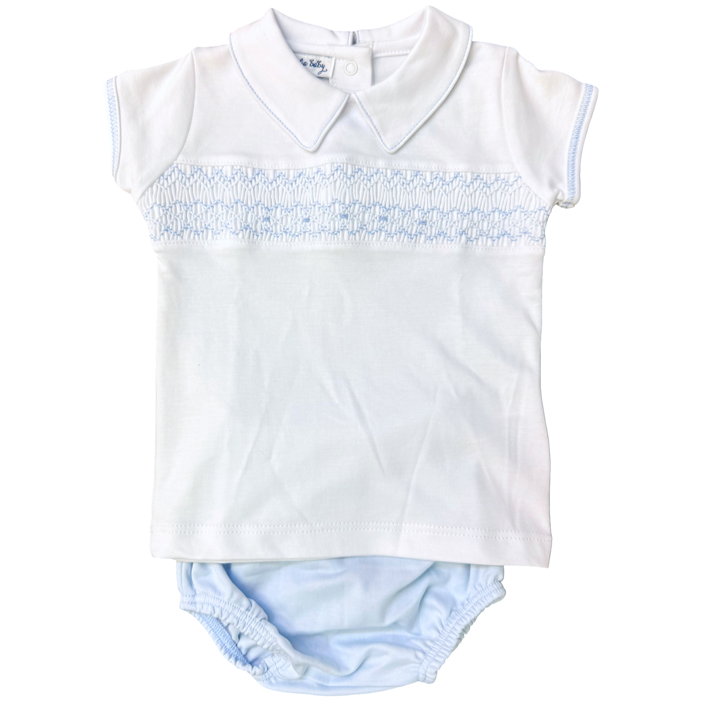 Smocked Diaper Set - Blue/White