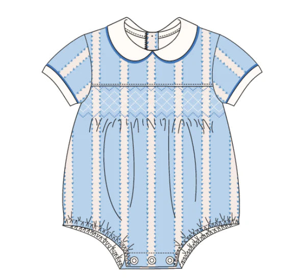 Smocked Pima Bubble - Blue Heart Stripe