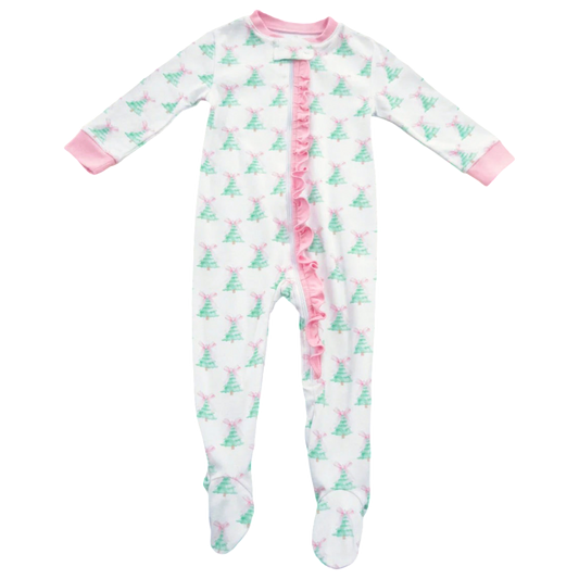 James & Lottie Zip Up Jammies - Pink Christmas Tree