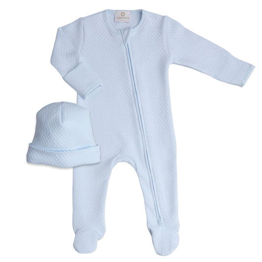 Quilted Footie/Hat Set - Blue