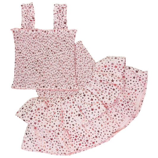 Queen of Sparkles Smocked Tank Skirt Set - Pink Star