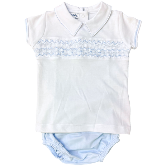 Smocked Diaper Set - Blue/White