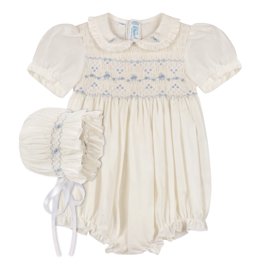Heritage Bleu Ruffle Romper/Bonnet