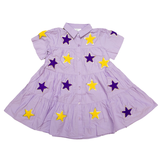 Belle Cher Dress - Chenille Purple + Gold Stars