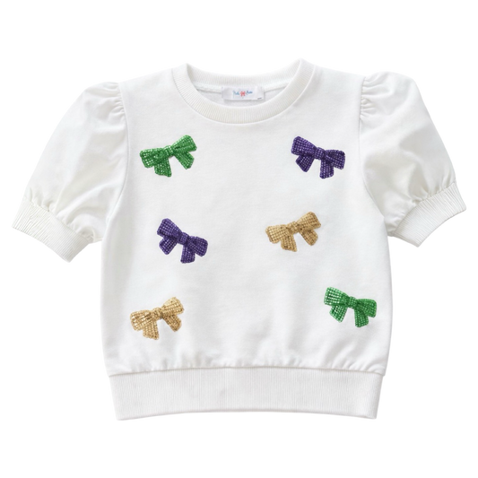Puff Sleeve Top - Mardi Gras Bow