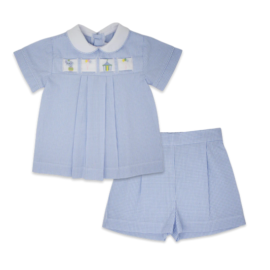 Lullaby Set Noah Ribbon Short Set - Blue Mini Gingham