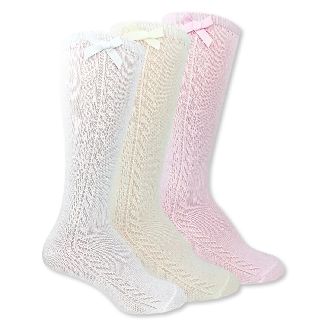 JS Pointelle Bow Knee High - White