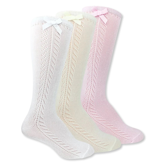 JS Pointelle Bow Knee High - White